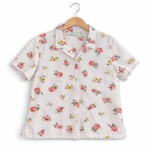 Vintage Floral Embroidered Linen Blend Button Up Blouse Cottagecore Camp Collar